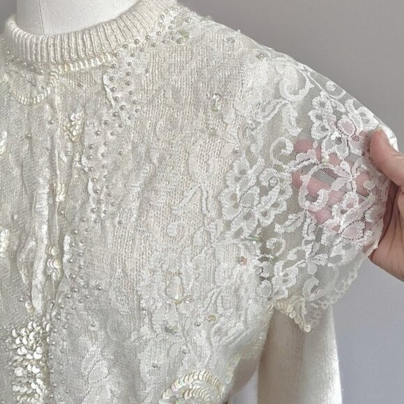Vintage 80s Ivory Silk Angora Lace Pearl Bib Victorian Sweater - Small - Picture 4 of 9